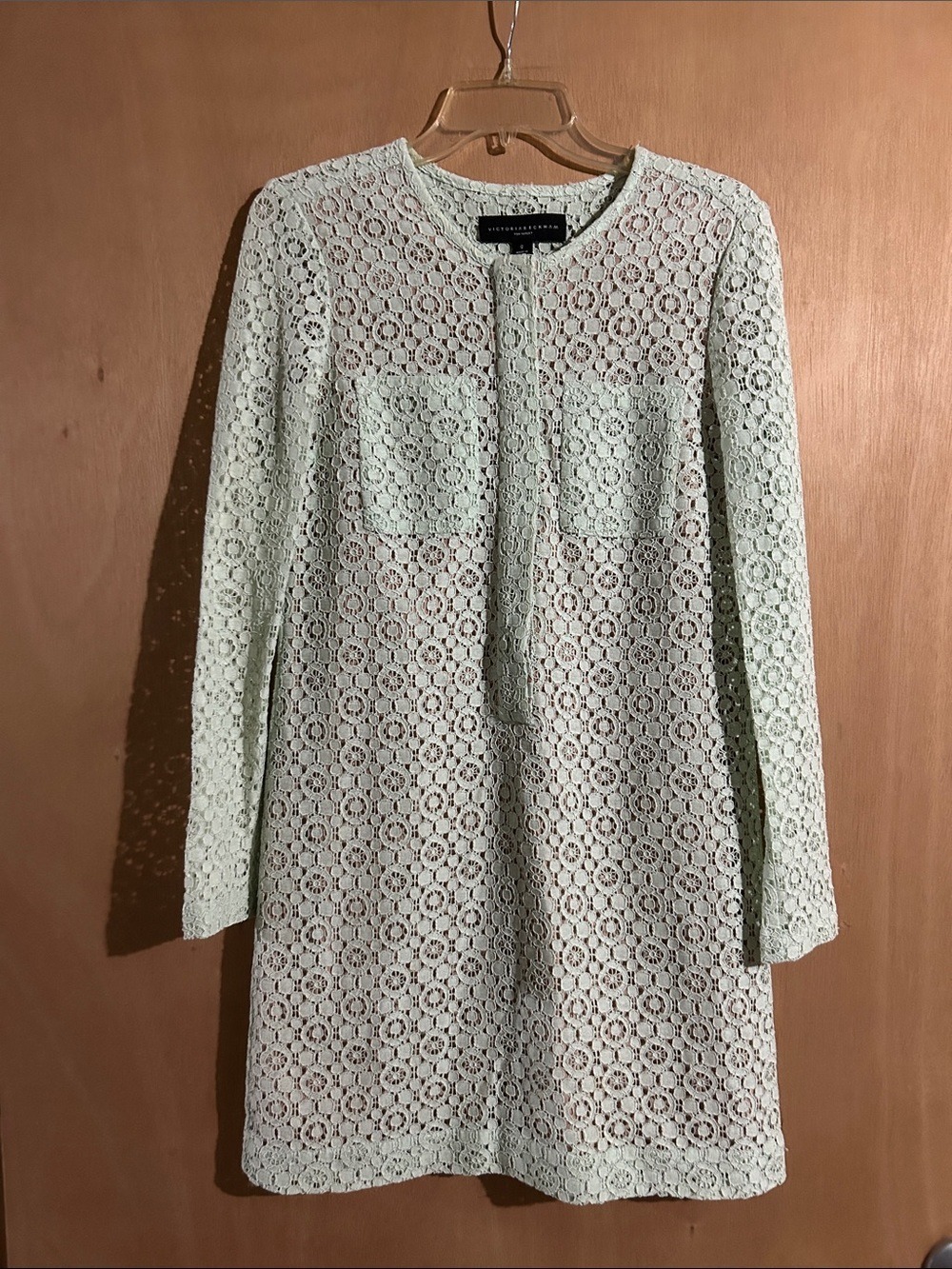 Victoria Beckham Mint Lace Long-Sleeve Shift Dress